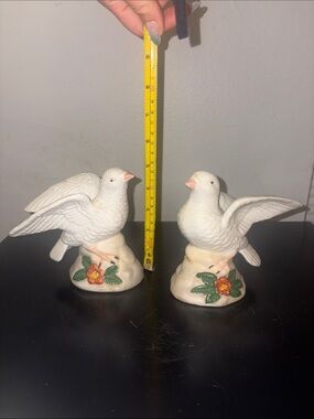 White Ceramic Dove Figurine Pair with Floral Base